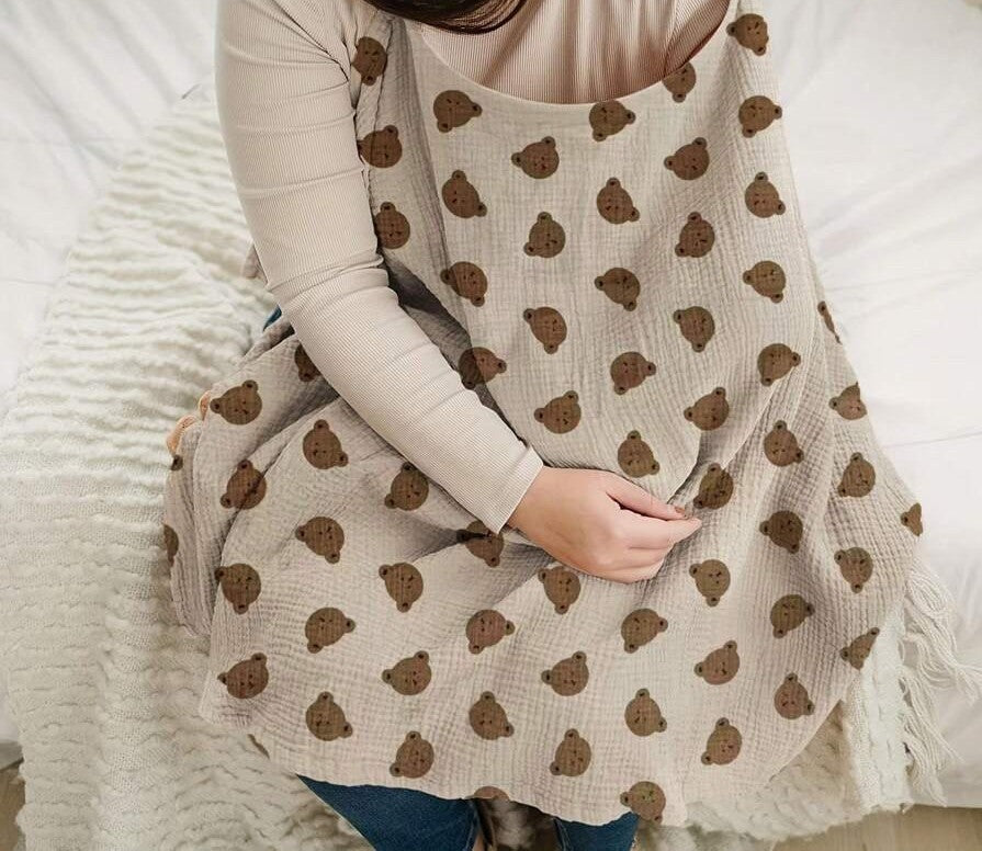 Baby Teddy Print Nursing Cover Brown