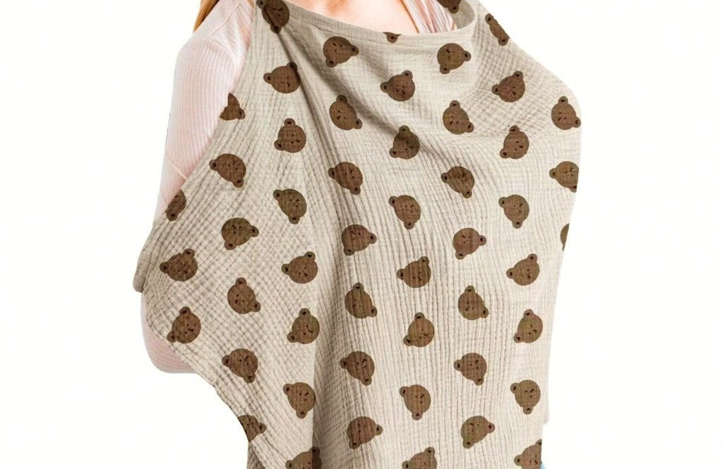 Baby Teddy Print Nursing Cover Brown