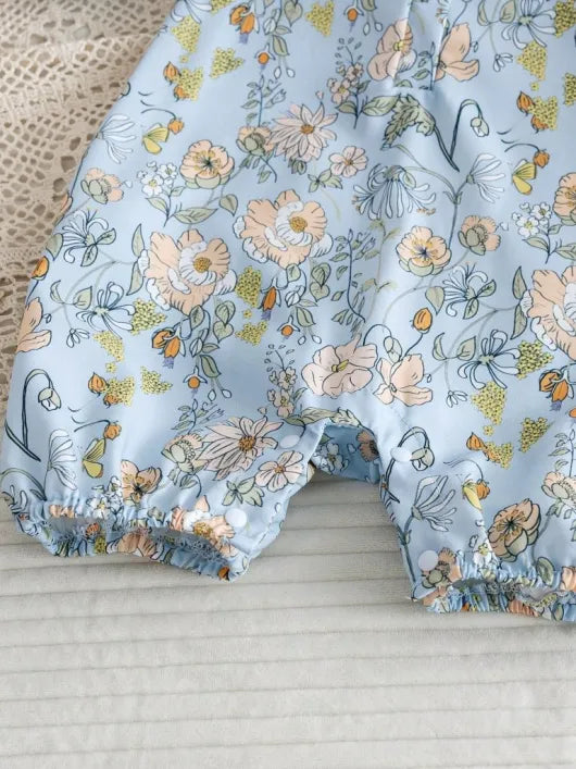 Baby Lace Trim Collar Floral Romper With Headband Set Blue