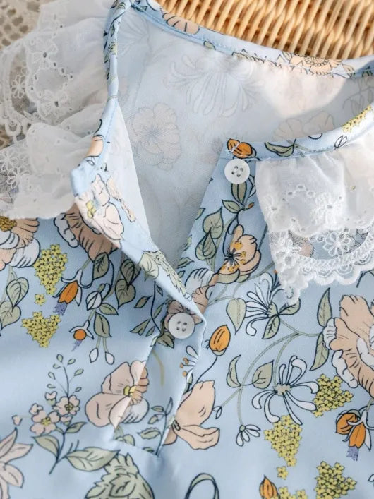 Baby Lace Trim Collar Floral Romper With Headband Set Blue