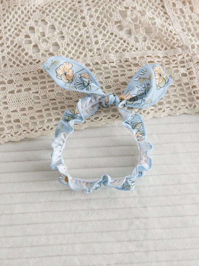 Baby Lace Trim Collar Floral Romper With Headband Set Blue