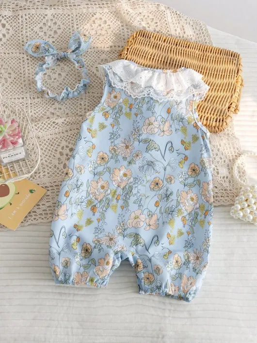 Baby Lace Trim Collar Floral Romper With Headband Set Blue