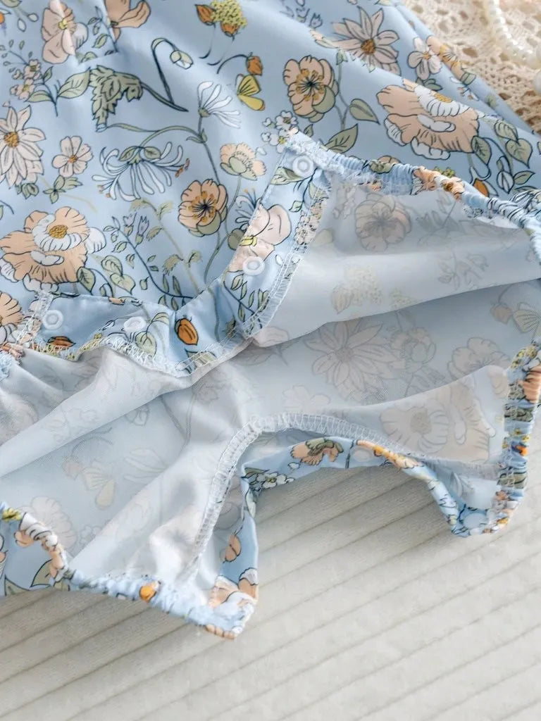 Baby Lace Trim Collar Floral Romper With Headband Set Blue