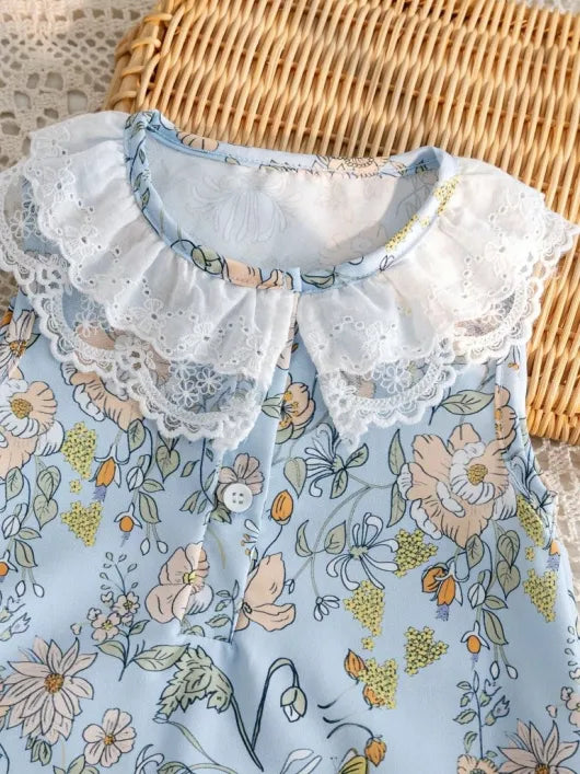 Baby Lace Trim Collar Floral Romper With Headband Set Blue