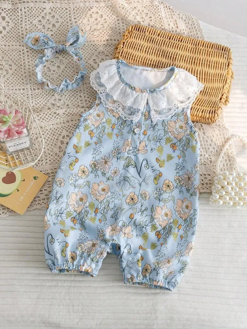 Baby Lace Trim Collar Floral Romper With Headband Set Blue