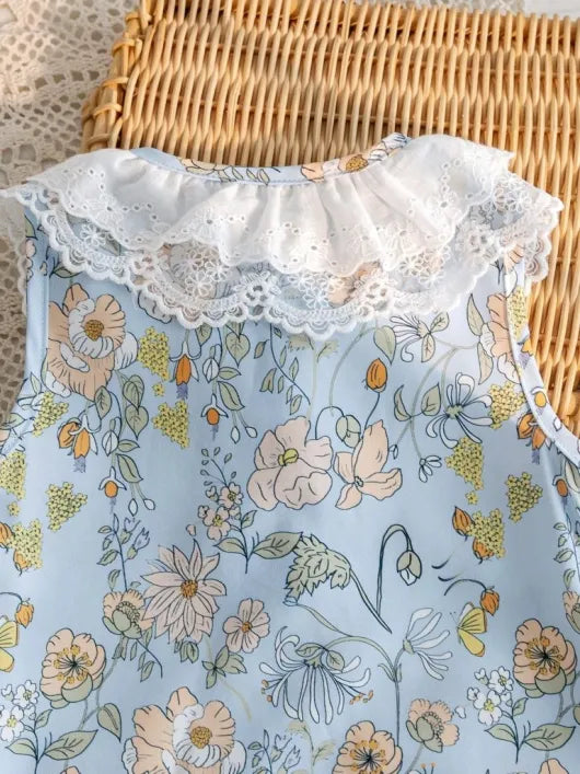 Baby Lace Trim Collar Floral Romper With Headband Set Blue