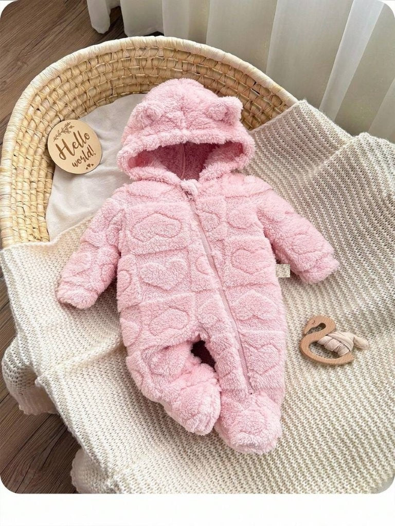 Baby Heart Pattern Fluffy Hooded Jumpsuit Light Pink