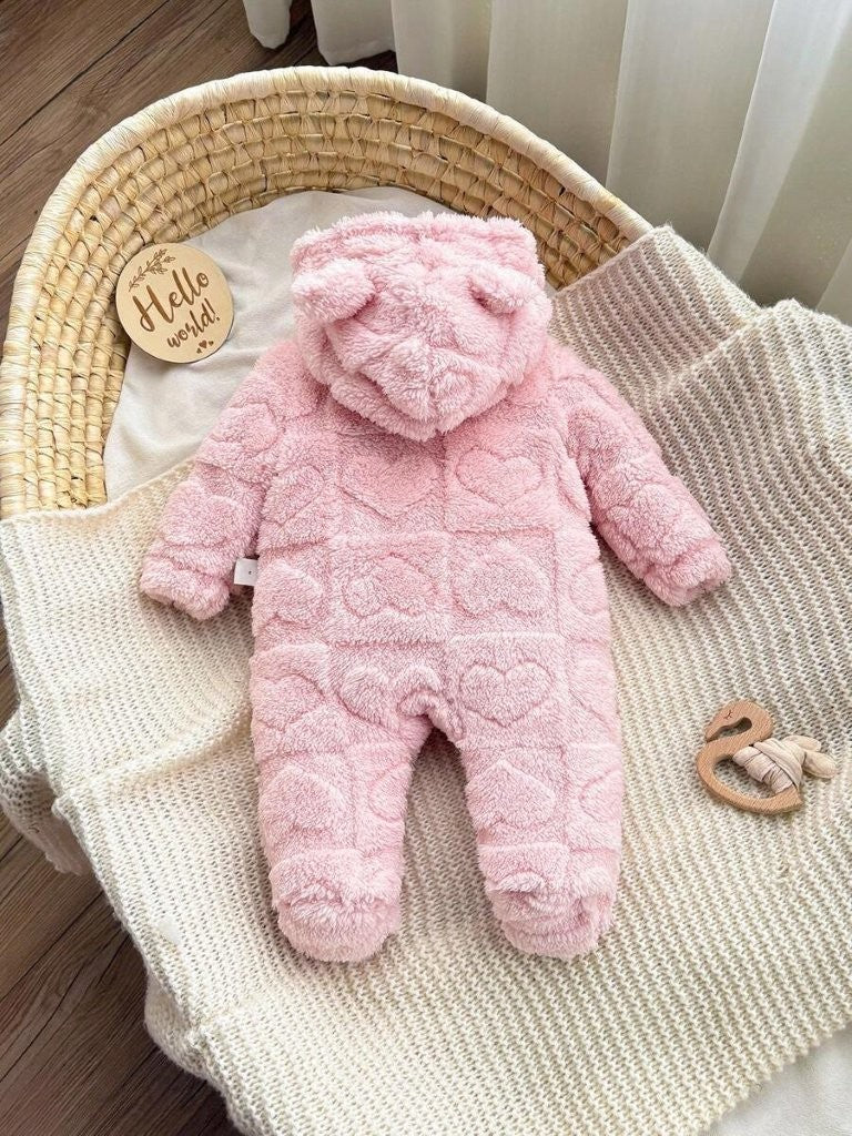 Baby Heart Pattern Fluffy Hooded Jumpsuit Light Pink