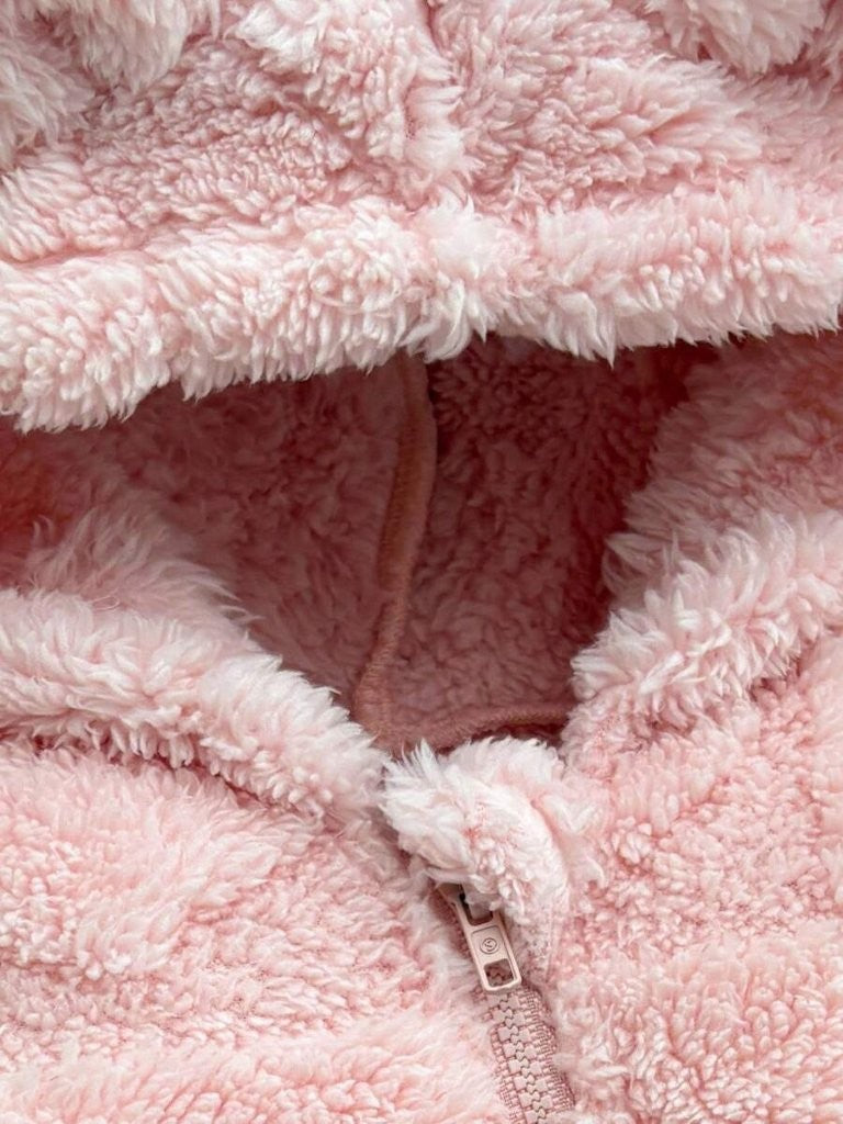 Baby Heart Pattern Fluffy Hooded Jumpsuit Light Pink