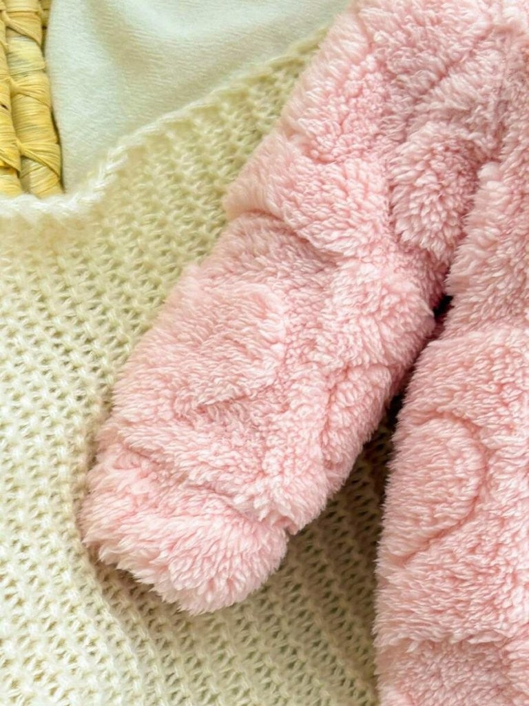 Baby Heart Pattern Fluffy Hooded Jumpsuit Light Pink