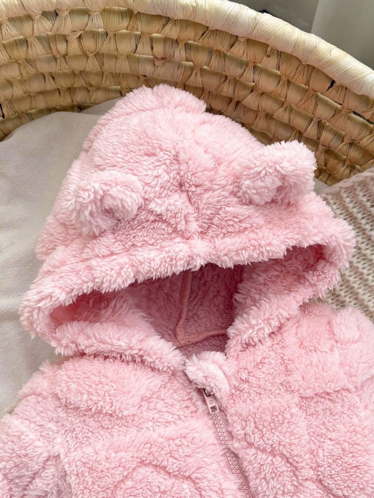 Baby Heart Pattern Fluffy Hooded Jumpsuit Light Pink