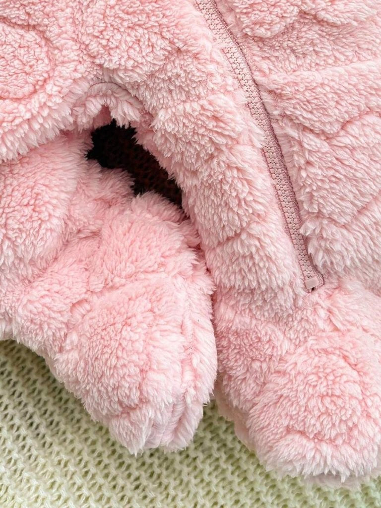 Baby Heart Pattern Fluffy Hooded Jumpsuit Light Pink