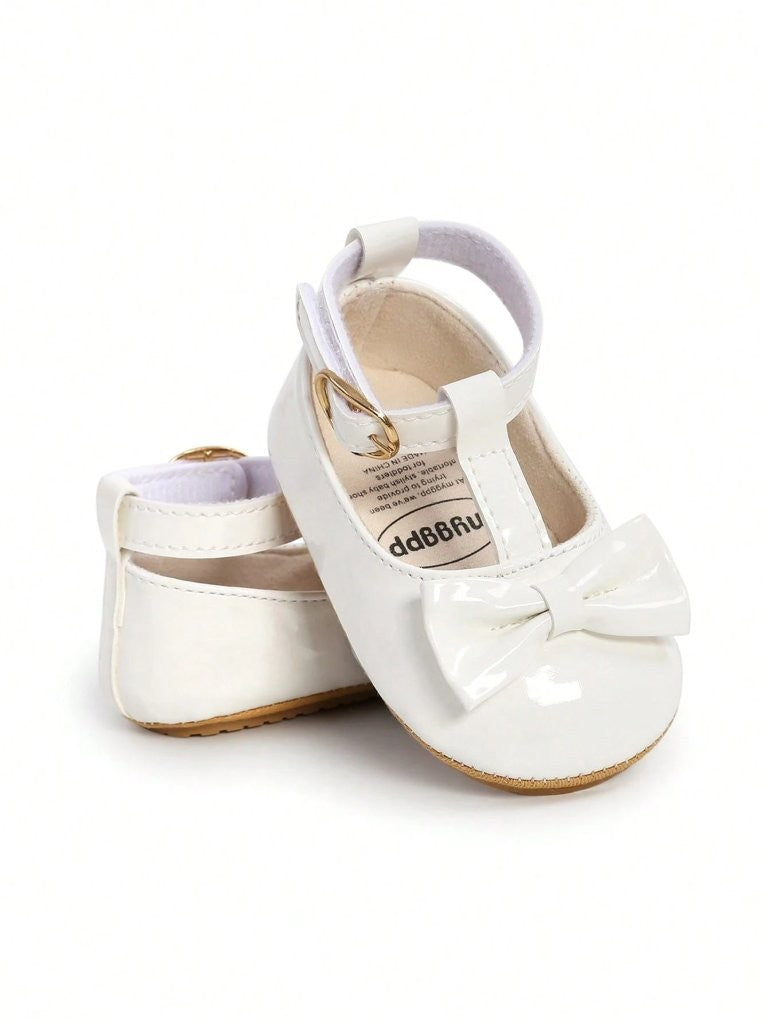 Baby White Ankle Strap Bow Shoes