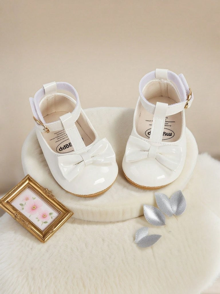 Baby White Ankle Strap Bow Shoes