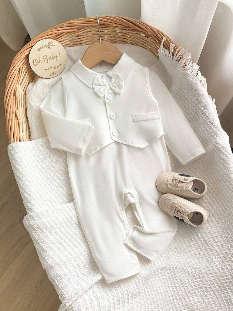 Baby 2 Piece Bow Tie Long Sleeve Baptism Outfit