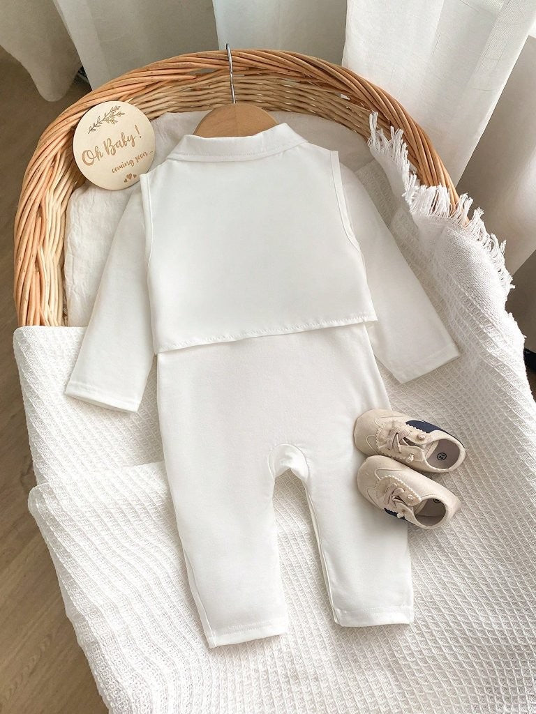 Baby 2 Piece Bow Tie Long Sleeve Baptism Outfit
