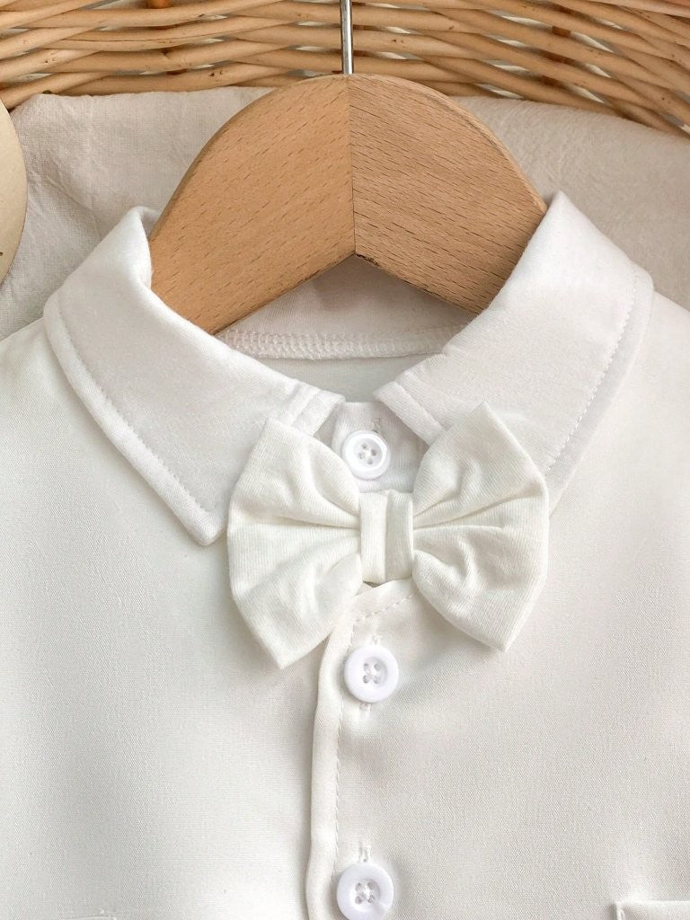 Baby 2 Piece Bow Tie Long Sleeve Baptism Outfit