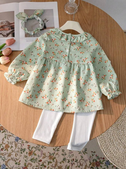 Baby 3 Piece Green Spring Pattern Top With Leggings Set