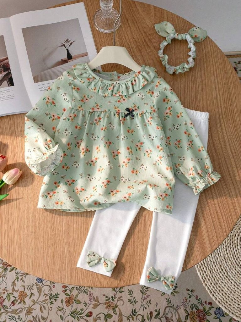 Baby 3 Piece Green Spring Pattern Top With Leggings Set