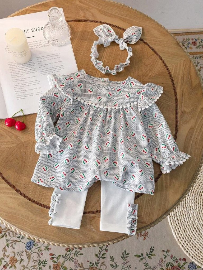 Baby 3 Piece Cherry Pattern Top With Leggings Set