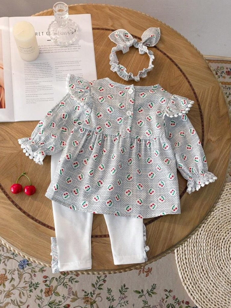 Baby 3 Piece Cherry Pattern Top With Leggings Set