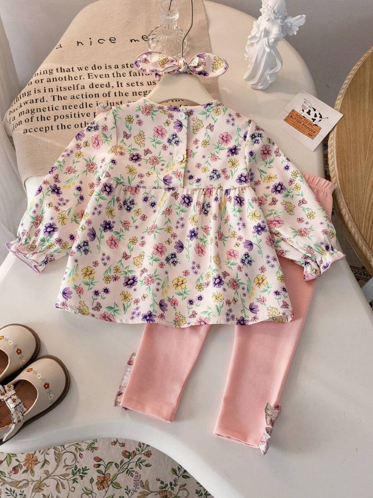 Baby 3 Piece Dusty Pink Spring Pattern Top With Leggings Set
