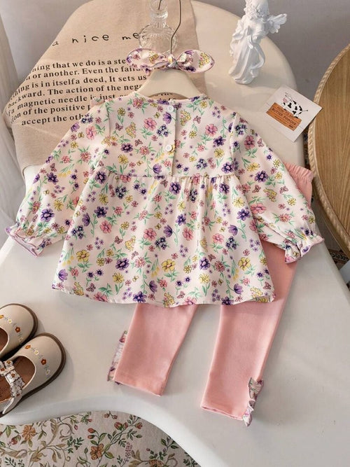 Baby 3 Piece Dusty Pink Spring Pattern Top With Leggings Set