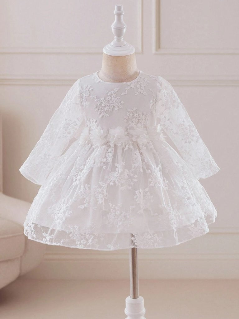 Baby Long Sleeve Flower Waist Lace Dress White