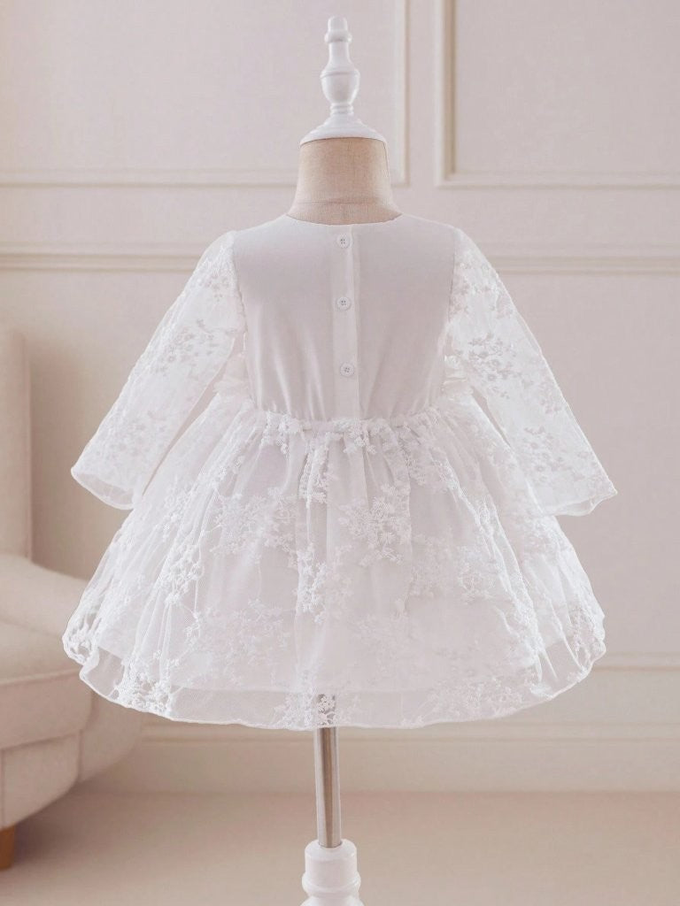 Baby Long Sleeve Flower Waist Lace Dress White