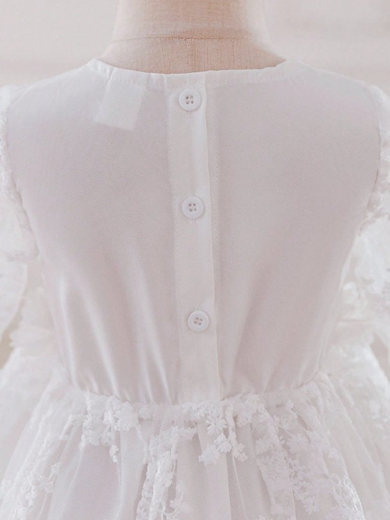 Baby Long Sleeve Flower Waist Lace Dress White