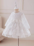 Baby Long Sleeve Flower Waist Lace Dress White