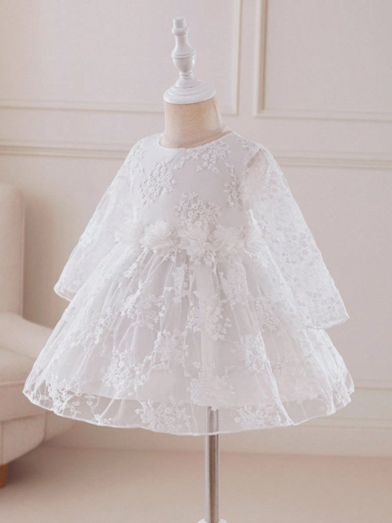 Baby Long Sleeve Flower Waist Lace Dress White