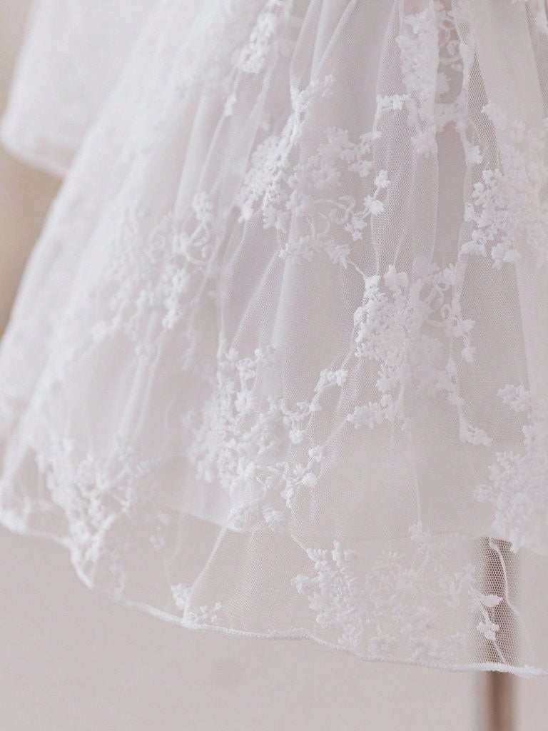 Baby Long Sleeve Flower Waist Lace Dress White