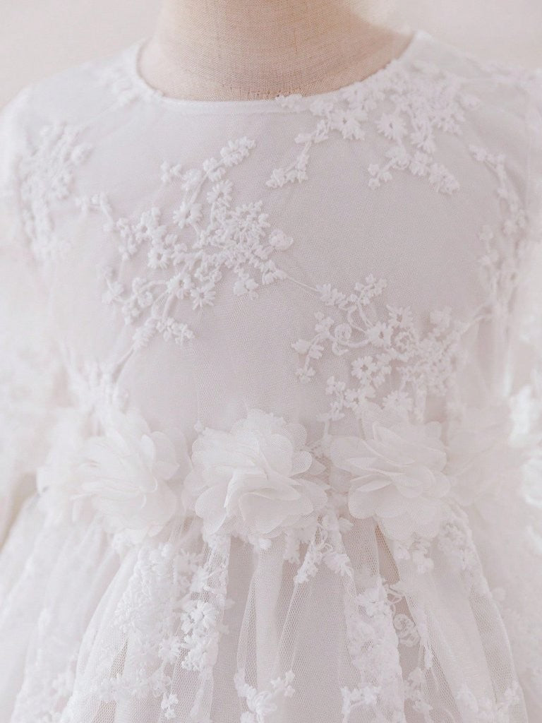Baby Long Sleeve Flower Waist Lace Dress White