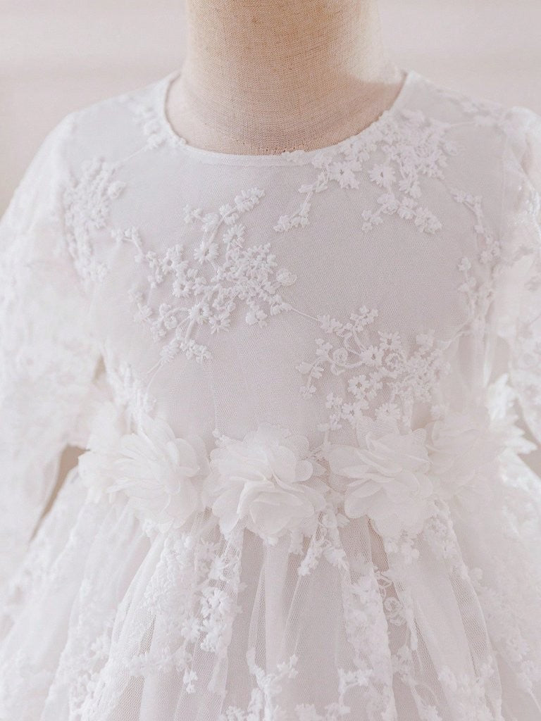 Baby Long Sleeve Flower Waist Lace Dress White