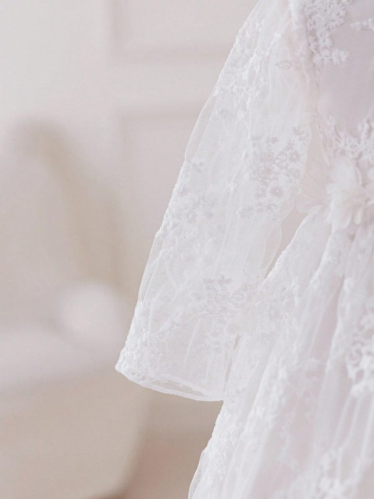 Baby Long Sleeve Flower Waist Lace Dress White