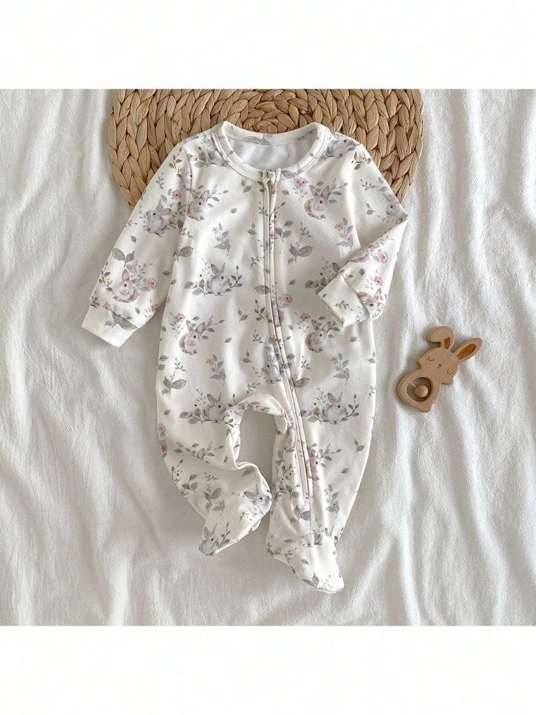 Baby Bunny Print Zip Up Jumpsuit