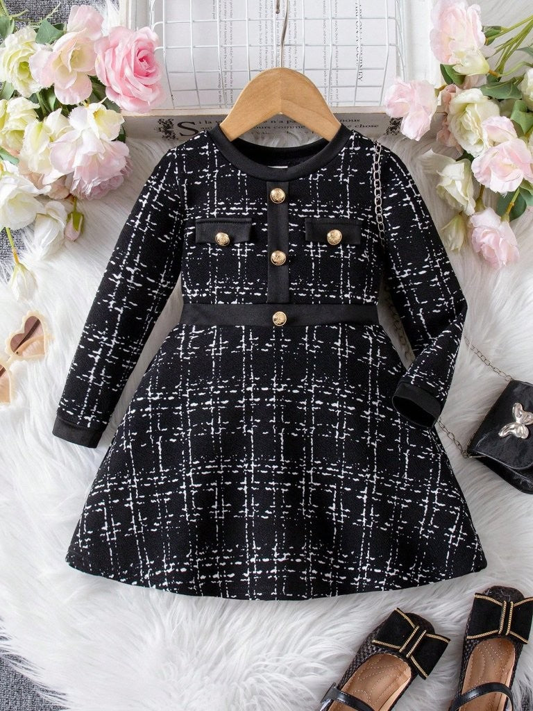 Baby Plaid Gold Button Long Sleeve Dress