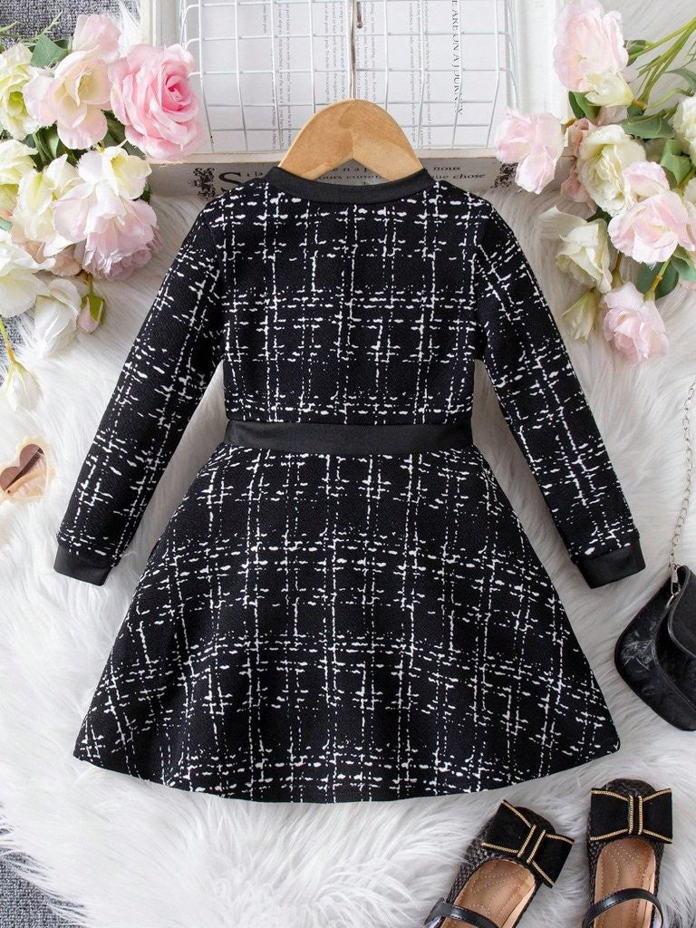 Baby Plaid Gold Button Long Sleeve Dress