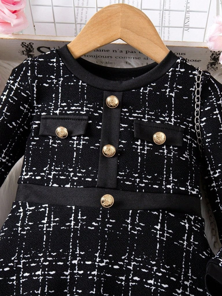 Baby Plaid Gold Button Long Sleeve Dress