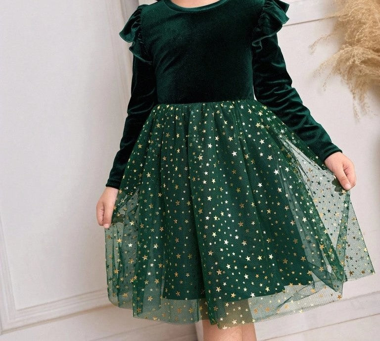 Toddler Girls Green Frilled Sleeve Sparkle Dress