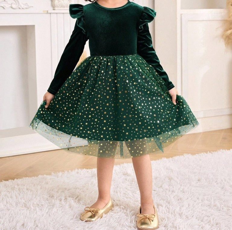 Toddler Girls Green Frilled Sleeve Sparkle Dress