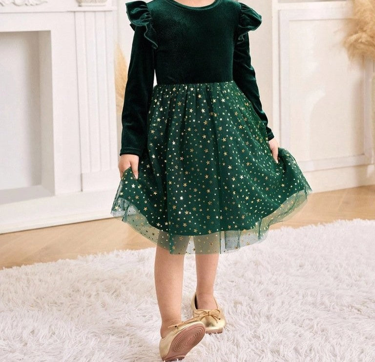 Toddler Girls Green Frilled Sleeve Sparkle Dress