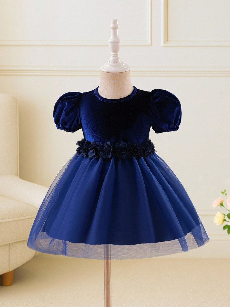 Baby Navy Blue Velvet Flower Waist Tulle Dress