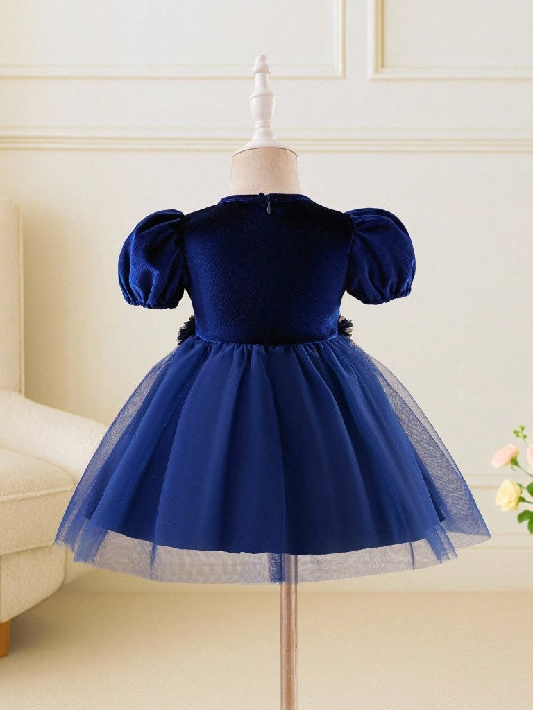 Baby Navy Blue Velvet Flower Waist Tulle Dress