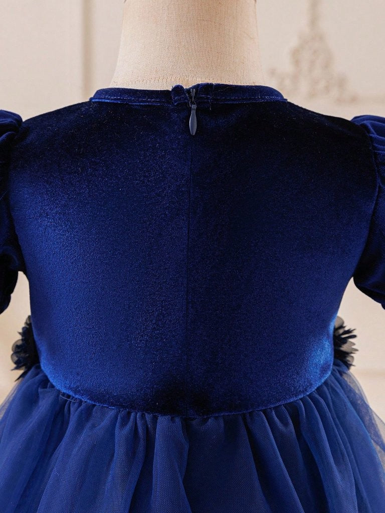 Baby Navy Blue Velvet Flower Waist Tulle Dress