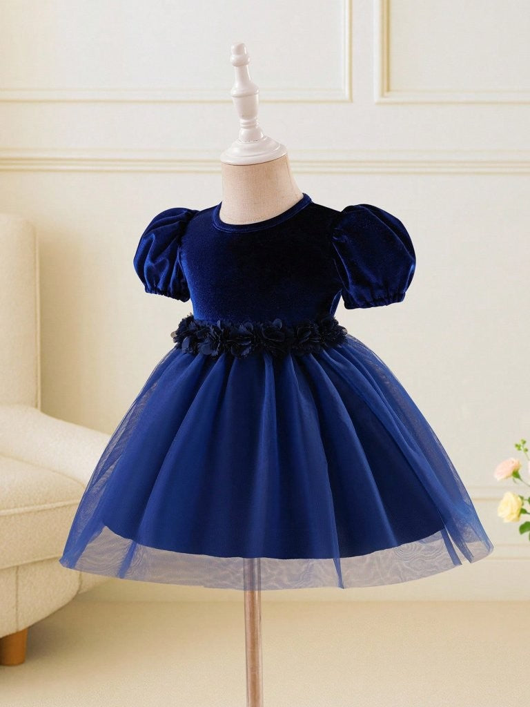 Baby Navy Blue Velvet Flower Waist Tulle Dress