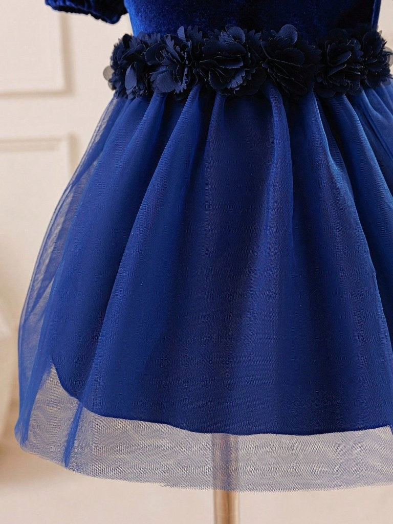 Baby Navy Blue Velvet Flower Waist Tulle Dress