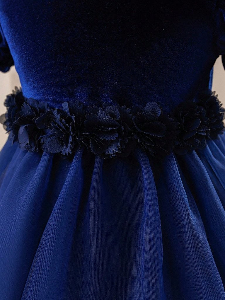 Baby Navy Blue Velvet Flower Waist Tulle Dress