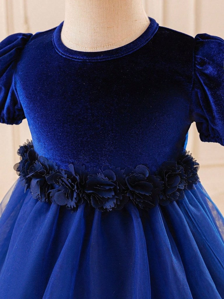 Baby Navy Blue Velvet Flower Waist Tulle Dress